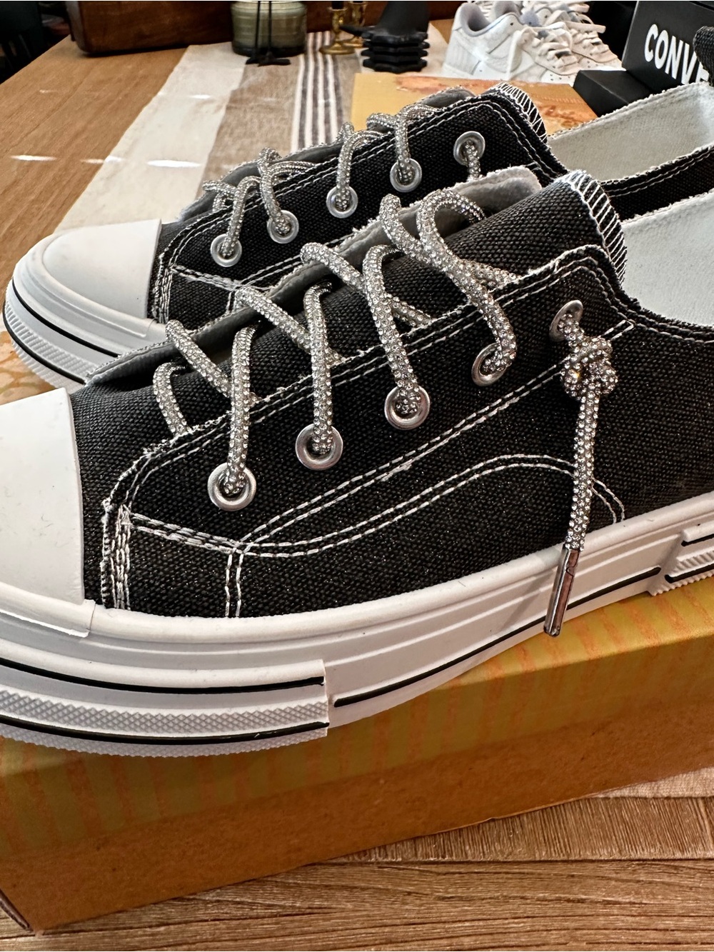 Very G Black Canvas Sneakers with Silver Sparkle Laces